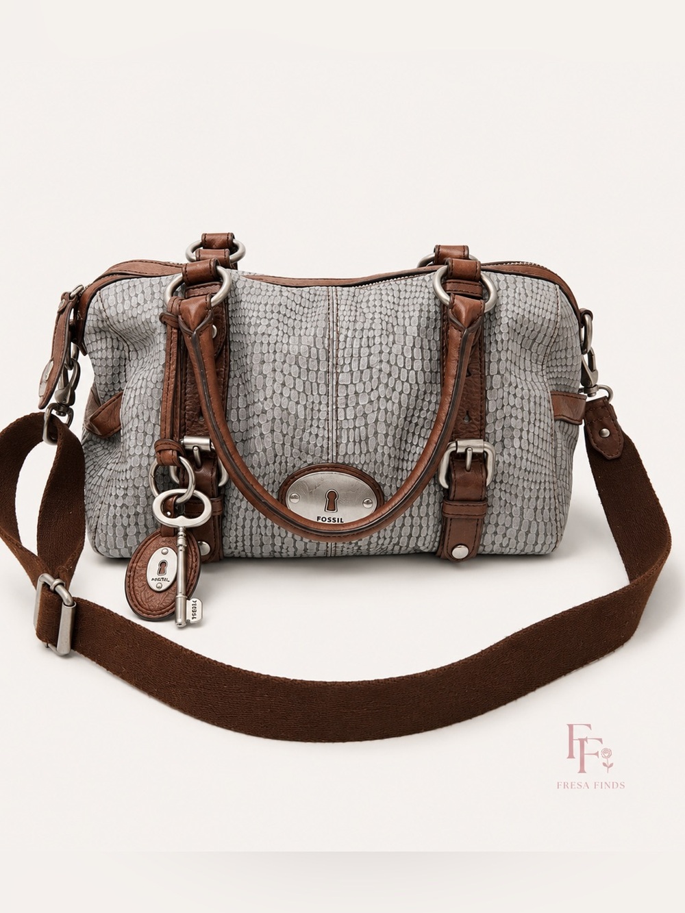 Fossil Maddox Long Live Vintage Snakeskin Embossed Leather Satchel Crossbody Bag
